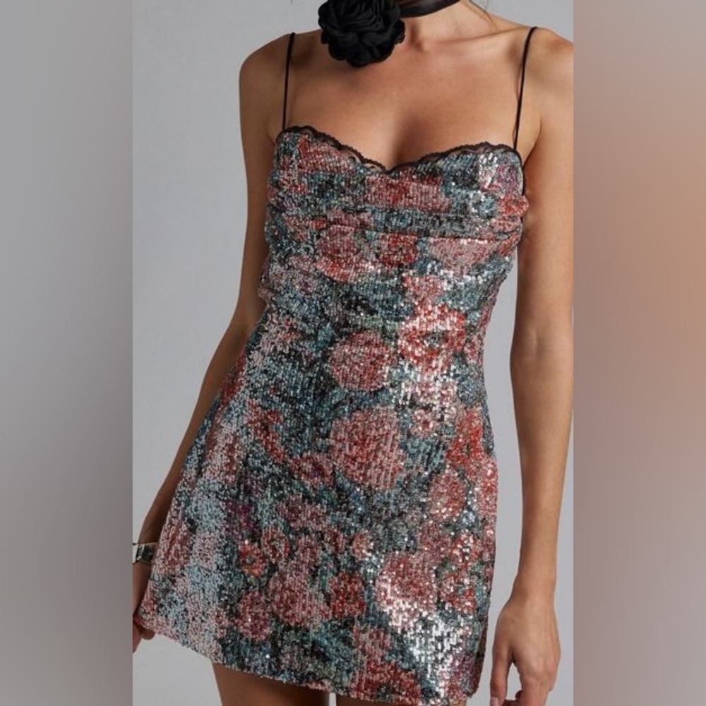 For love and Lemons Sequin Floral Mini Dress - Pink and Green